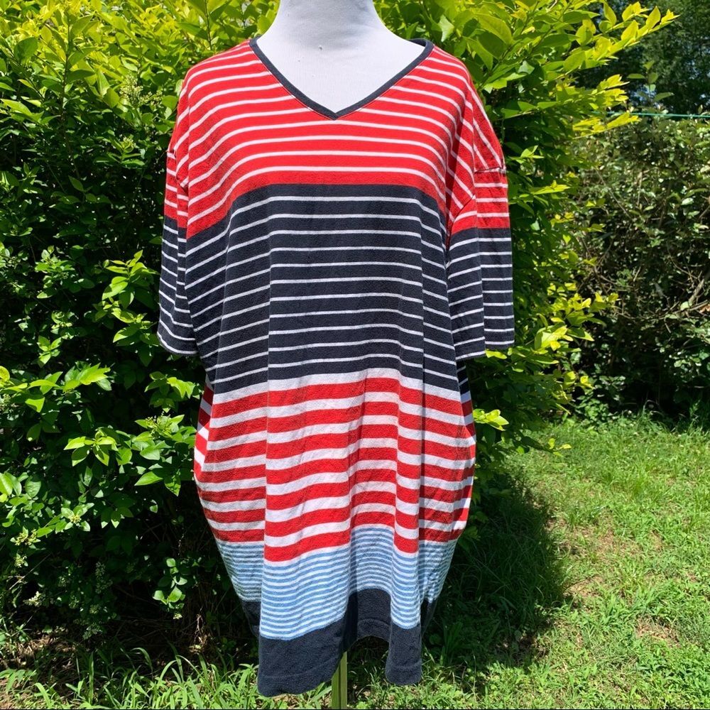 Vintage Colorblock Red Blue Stripe V-Neck Tee Mountain 3XL Plus